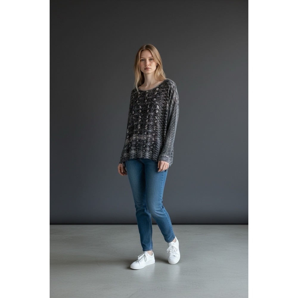 Biya Johnny Was Grey Blue Silk Blend Geometric Print Long Sleeve Top S 3048